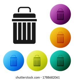Black Trash can icon isolated on white background. Garbage bin sign. Recycle basket icon. Office trash icon. Set icons in color circle buttons. Vector Illustration