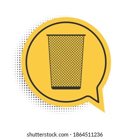Black Trash can icon isolated on white background. Garbage bin sign. Recycle basket icon. Office trash icon. Yellow speech bubble symbol. Vector.