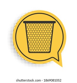 Black Trash can icon isolated on white background. Garbage bin sign. Recycle basket icon. Office trash icon. Yellow speech bubble symbol. Vector.
