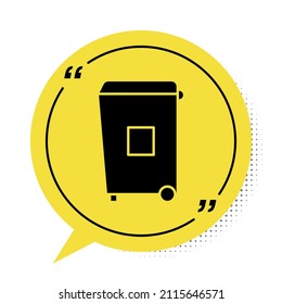 Black Trash can icon isolated on white background. Garbage bin sign. Recycle basket icon. Office trash icon. Yellow speech bubble symbol. Vector Illustration
