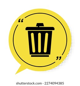 Black Trash can icon isolated on white background. Garbage bin sign. Recycle basket icon. Office trash icon. Yellow speech bubble symbol. Vector