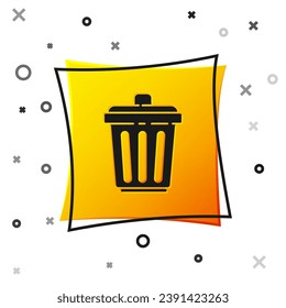 Black Trash can icon isolated on white background. Garbage bin sign. Recycle basket icon. Office trash icon. Yellow square button. Vector Illustration