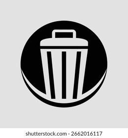 Ein schwarzes Mülleimer-Symbol mit vertikalen Linien und einem Deckel ist auf hellgrauem Hintergrund zentriert, mit einer schwarzen, gekrümmten Form darunter.