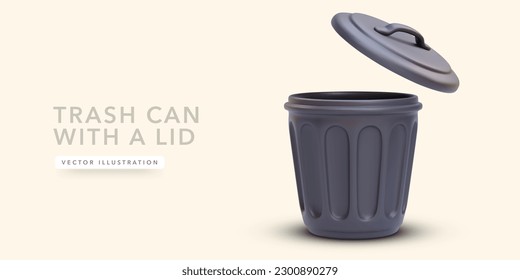 Black trash can with lid in 3d realistic style isolated on light background. Vector illustration