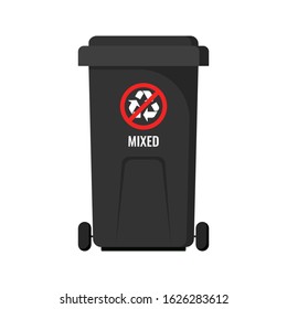 Black trash can on wheels for mixed  non-recyclable waste, Zero waste concept stock vector illustration on a white background. 