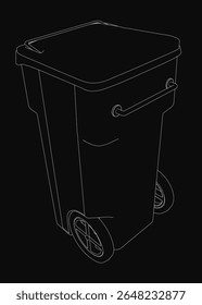 Black trash can with wheels, drawn in bold monochrome lines, standing on a dark textured background. The simple yet detailed illustration highlights urban waste management.