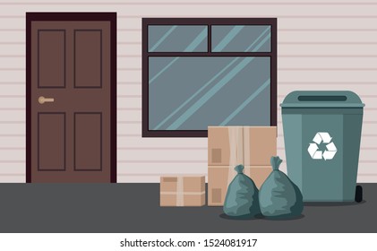 Black trash cans on wheels, garbage bags and boxes near the house. Outdoor. Vector Illustration