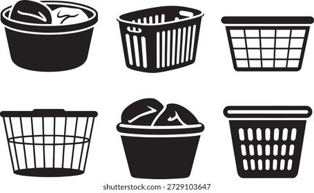 Conjunto de iconos de botes de basura y cestas de basura negras