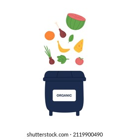 Black trash container for food waste, organic leftovers. Junk garbage dumpster for compost. Dustbin for throwing rubbish. Eco recycling. Flat vector illustration isolated on white background