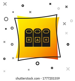 Black Trash in garbage cans with sorted garbage icon isolated on white background. Recycle basket icon. Yellow square button. Vector Illustration