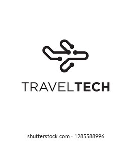 Black Travel Plane with Circuit Board Technology Logo Design Inspiration