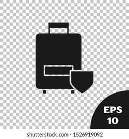 Black Travel suitcase icon isolated on transparent background. Traveling baggage insurance. Security, safety, protection, protect concept.  Vector Illustration