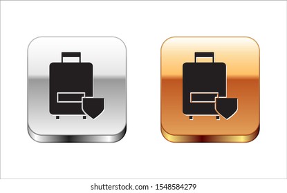 Black Travel suitcase icon isolated on white background. Traveling baggage insurance. Security, safety, protection, protect concept. Silver-gold square button. Vector Illustration