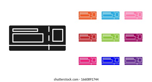 Black Travel ticket icon isolated on white background. Train, ship, plane, tram, bus transport. Travel service concept. Set icons colorful. Vector Illustration