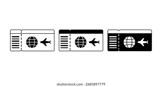 Black travel ticket icon in solid and outline form. Great for flight booking, event entry, transportation pass, journey, tourism, and holiday trip designs.