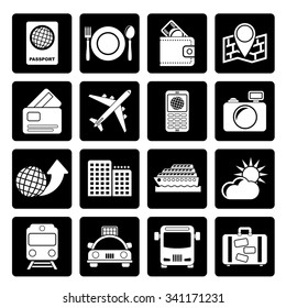 Black travel, transportation and vacation icons - vector icon set