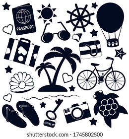 Black travel, vacation and cruise icons isolated on white background.