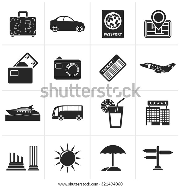 Black Travel\
and vacation icons - vector icon\
set