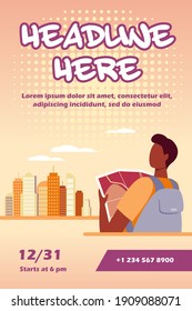 Black traveler holding map and standing in city. Skyscraper, route, adventure flat vector illustration. Travel and cityscape concept for banner, website design or landing web page