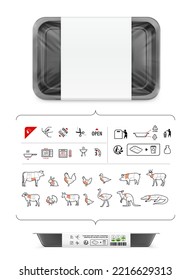 Black tray container mockup with icon set. Vector illustration isolated on white background. Layered template file easy to use for your promo product. EPS10.	