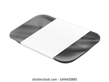 Black tray mockup container. Front, side, perspective view. Vector illustration isolated on white background. Template ready for your design. EPS10.	