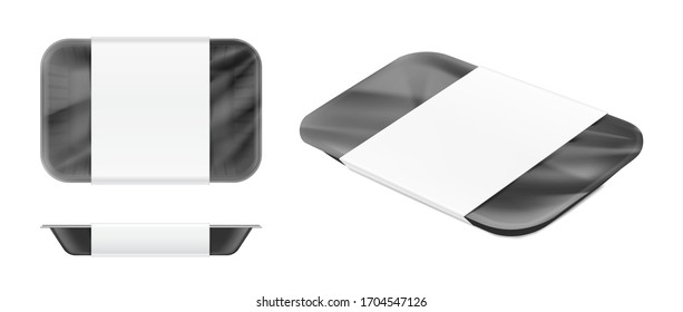 Black tray mockup container. Front, side, perspective view. Vector illustration isolated on white background. Template ready for your design. EPS10.	
