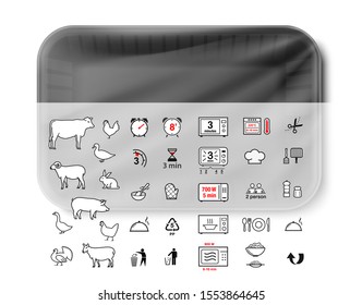 Black tray mockup container with pack information. Vector illustration isolated on white background. Template ready for your design. EPS10.	