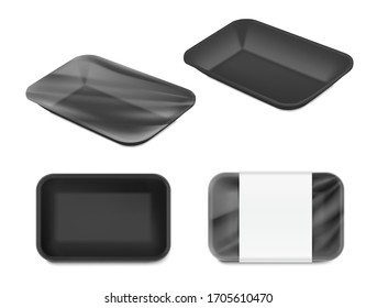 Black tray mockup container. Top, side, perspective view. Vector illustration isolated on white background. Template ready for your design. EPS10.	
