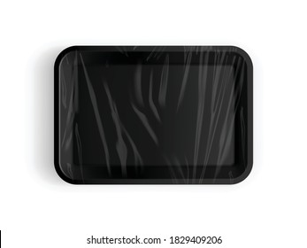 black tray packaging for food, meat, fish, cookies, sweets, sausages, cheese, vegetables, steak, pork, beef, chicken isolated on white background vector mock up