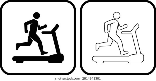 Black treadmill running exercise icon in flat and line style vector, athlete jogging on fitness machine, cardio workout, gym training equipment symbol isolated on transparent background