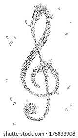 Black treble clef of music notes. Set of black music elements isolated on white background. Music abstract treble clef. 