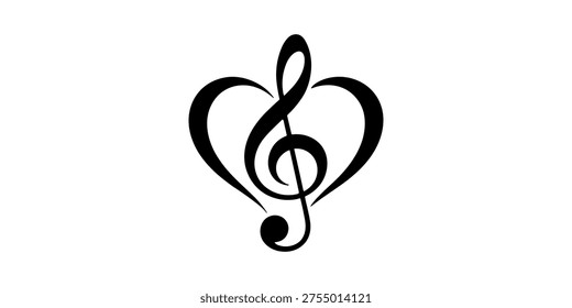 Black treble clef symbol forming a heart shape music symbol white background
