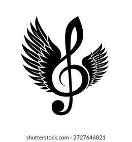 a black treble clef with wings on a white background