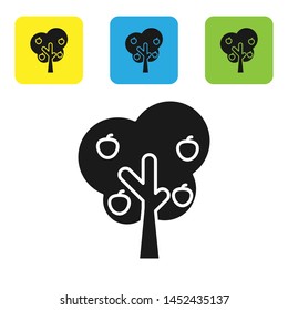 Black Tree with apple icon isolated on white background. Agricultural plant. Organic farm product. Gardening theme. Set icons colorful square buttons. Vector Illustration