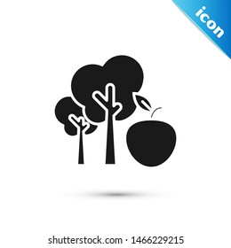 Black Tree with apple icon isolated on white background. Agricultural plant. Organic farm product. Gardening theme.  Vector Illustration