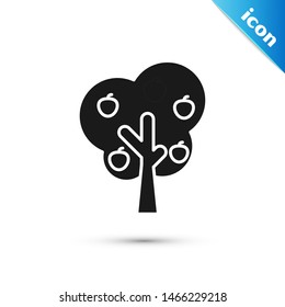 Black Tree with apple icon isolated on white background. Agricultural plant. Organic farm product. Gardening theme.  Vector Illustration