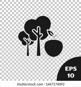 Black Tree with apple icon isolated on transparent background. Agricultural plant. Organic farm product. Gardening theme.  Vector Illustration