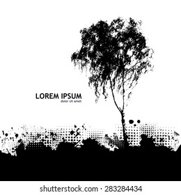 Black tree birch silhouette paint stains. Vector
