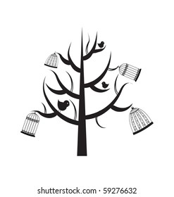 black tree with birds and birdcage