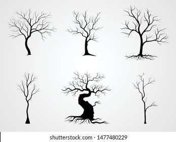 Black Tree and branch or Naked trees silhouettes set. Hand drawn isolated illustrations.