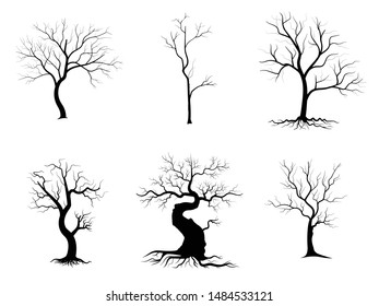 Black Tree and branch or Naked trees silhouettes set. Hand drawn isolated illustrations.