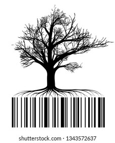 Black tree contour with roots. Roots in the form of a barcode. Sale of wood, environmental company or nature conservation