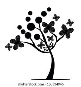 a black tree with different sizes of butterflies and dots