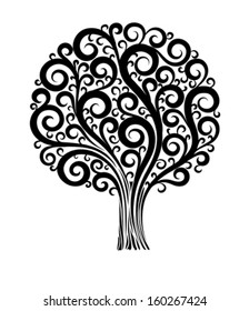 black tree in a flower design with swirls and flourishes on a white background