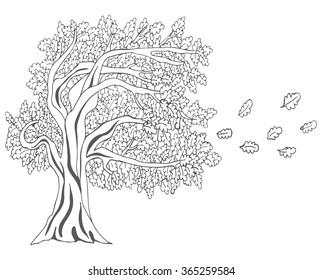 Black tree with foliage in doodle style. Vector sketch illustration.