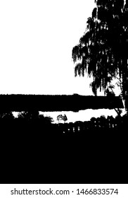 Black tree, forest and river silhouette. Card with copy space. Isolated on white background. Vector nature illustration for your design