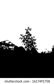 Black tree forest silhouette. Card with copy space. Isolated on white background. Vector nature illustration for your design