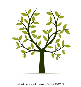 Black Tree with Green Leafs. Vector Illustration.