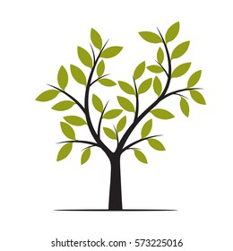 Black Tree with Green Leafs. Vector Illustration.