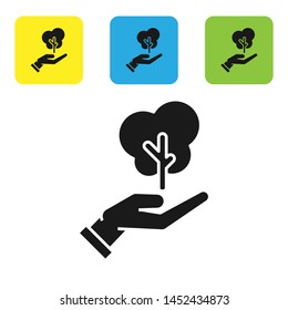 Black Tree in hand of environmental protection icon isolated on white background. Seed and seedling. Planting sapling. Ecology concept. Set icons colorful square buttons. Vector Illustration